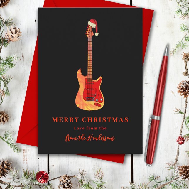 Personalized Merry Christmas Electric Guitar Holiday Card (Merry Christmas Music themed stylish guitar personalized black and red holidays greetings card)