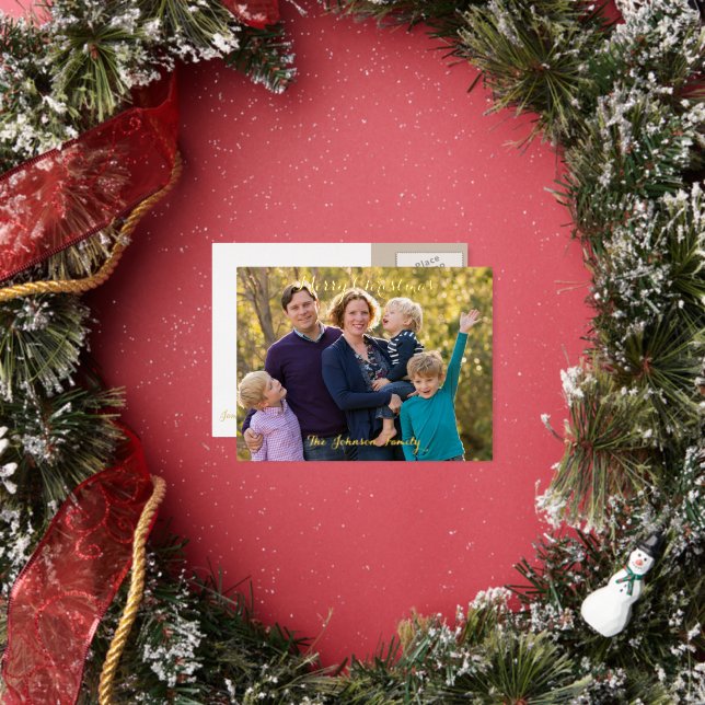 Personalized Merry Christmas Family Photo Holiday Foil Invitation Postcard (Insitu)