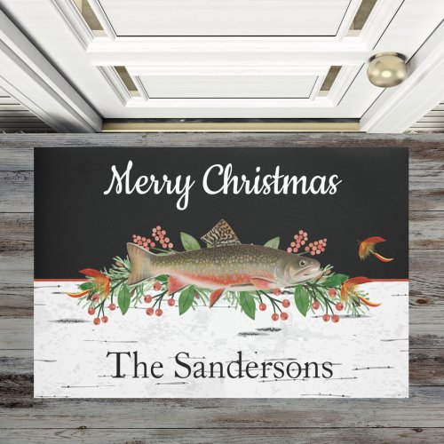 Personalized Merry Christmas Fly Fishing Trout   Doormat
