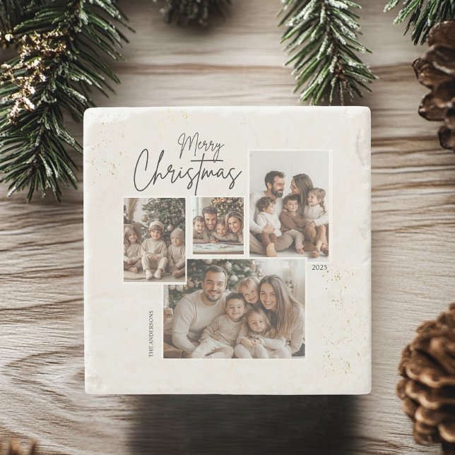 "Personalized Merry Christmas Four-Photo Collage  Stone Coaster (Creator Uploaded)