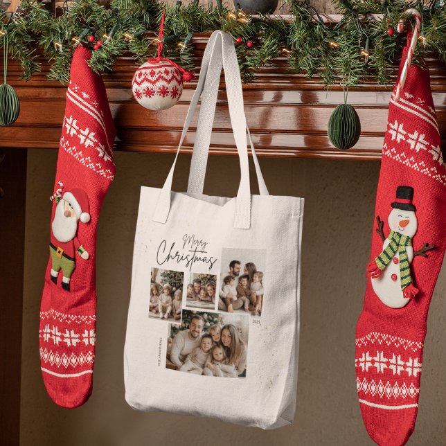 "Personalized Merry Christmas Four-Photo Collage  Tote Bag (Creator Uploaded)