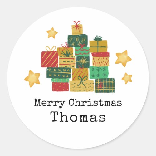 Personalized Merry Christmas Gift Stack Classic Round Sticker