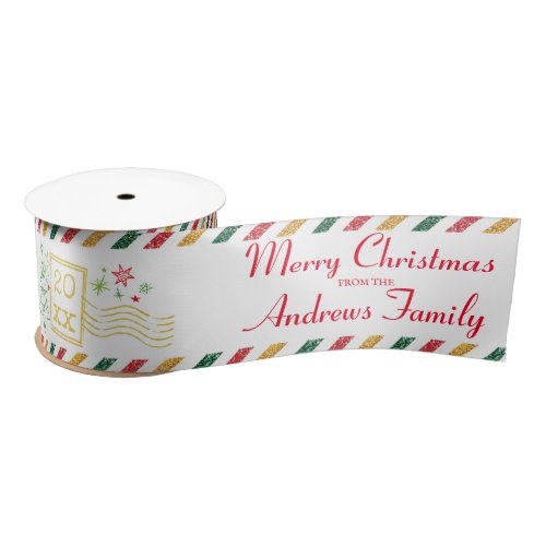 Personalized  Merry Christmas Glitter Air Mail Satin Ribbon