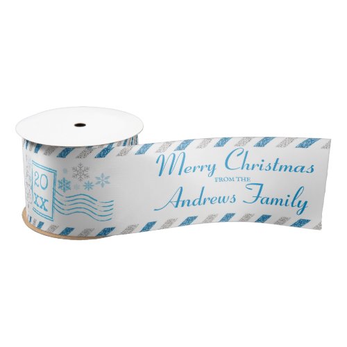 Personalized Merry Christmas Glitter Air Mail Satin Ribbon