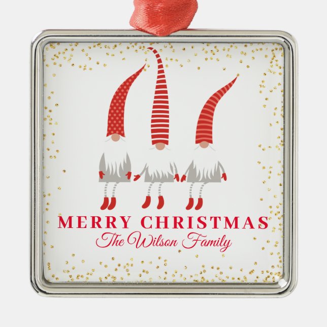 Personalized Merry Christmas Gnomes Metal Ornament (Front)