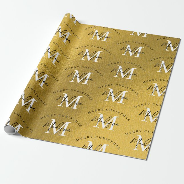Personalized Merry Christmas Gold Foil Monogram Wrapping Paper (Unrolled)