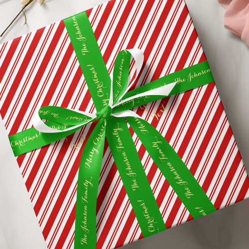 Personalized Merry Christmas Gold Green Gift Wrap Satin Ribbon