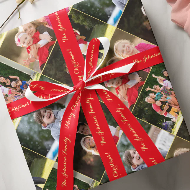 Personalized Merry Christmas Gold Red Gift Wrap Satin Ribbon
