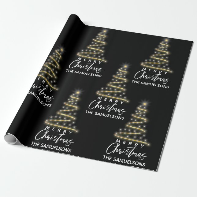 Personalized Merry Christmas Gold Tree Black Wrapping Paper (Unrolled)