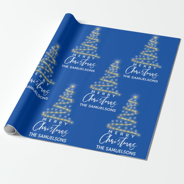 Personalized Merry Christmas Gold Tree Blue Wrapping Paper (Unrolled)