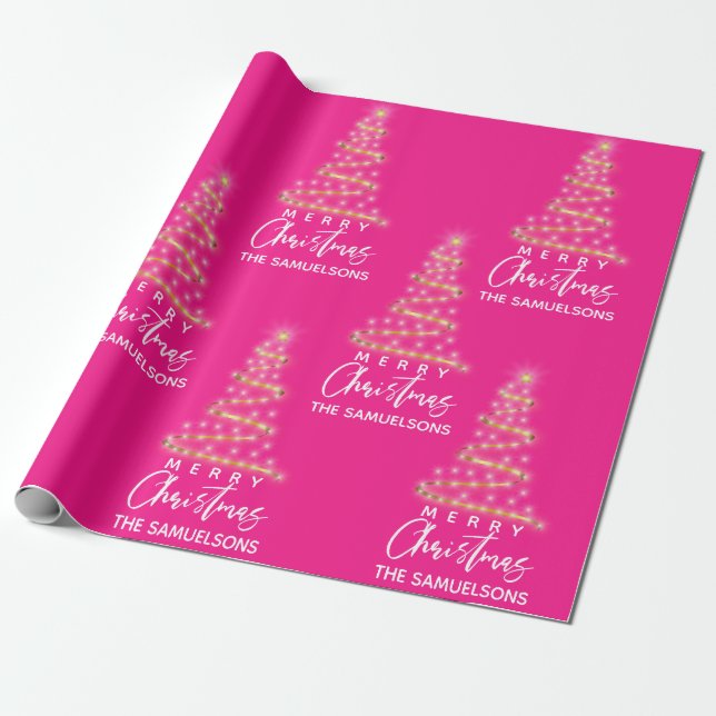 Personalized Merry Christmas Gold Tree Pink Wrapping Paper (Unrolled)