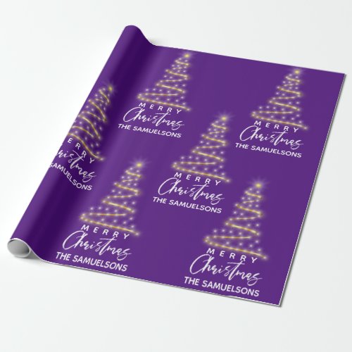 Personalized Merry Christmas Gold Tree Purple Wrapping Paper