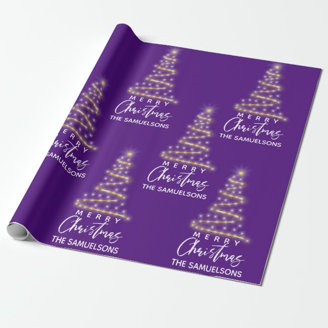 Personalized Merry Christmas Gold Tree Purple Wrapping Paper (Unrolled)