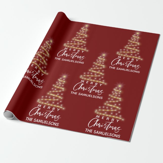 Personalized Merry Christmas Gold Tree Red Wrapping Paper (Unrolled)