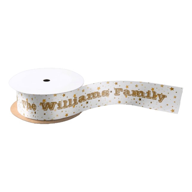 Personalized Merry Christmas & Golden Stars  Satin Ribbon (Spool)