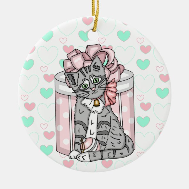 Personalized Merry Christmas Gray Kitten Pink Bow  Ceramic Ornament (Front)