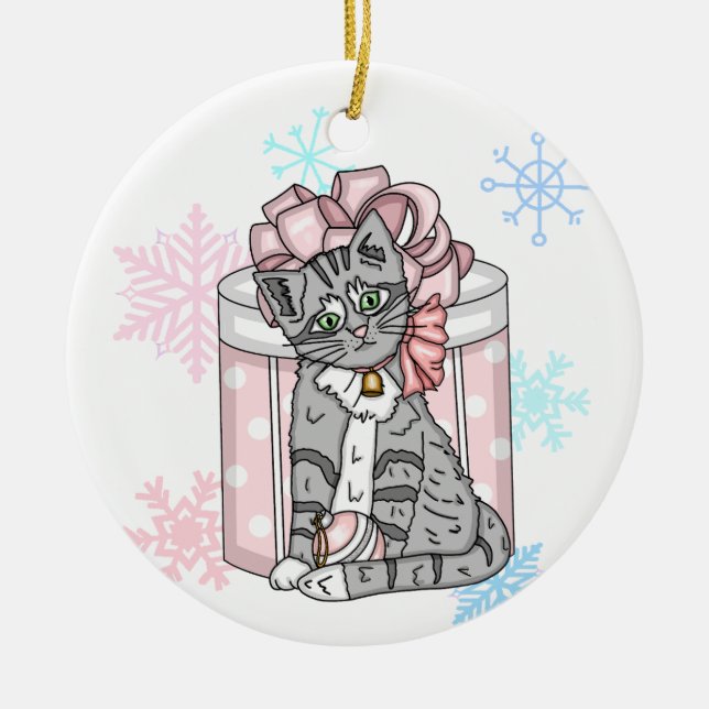 Personalized Merry Christmas Gray Kitten Pink Bow  Ceramic Ornament (Front)