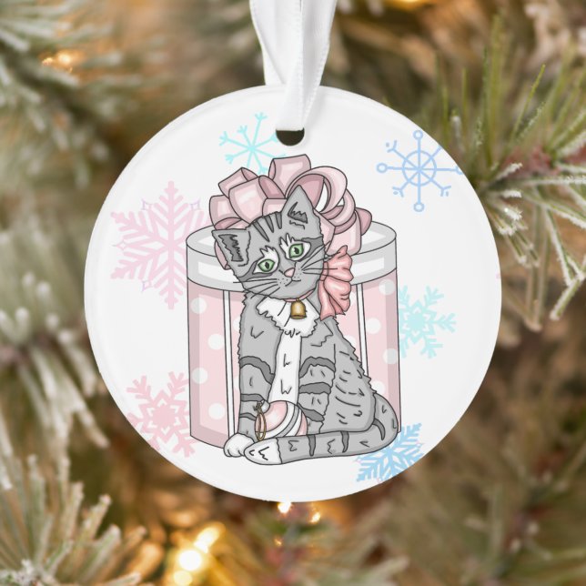 Personalized Merry Christmas Gray Kitten Pink Bow  Ornament (Tree)