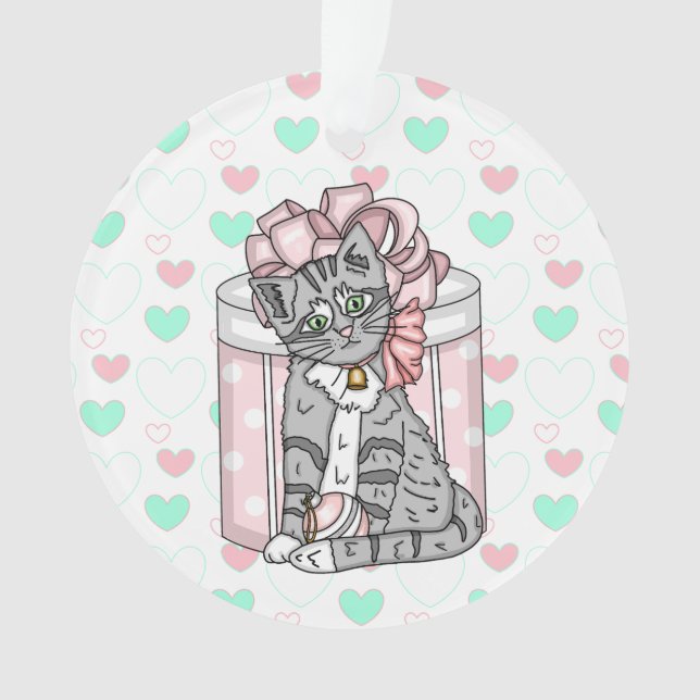 Personalized Merry Christmas Gray Kitten Pink Bow  Ornament (Front)
