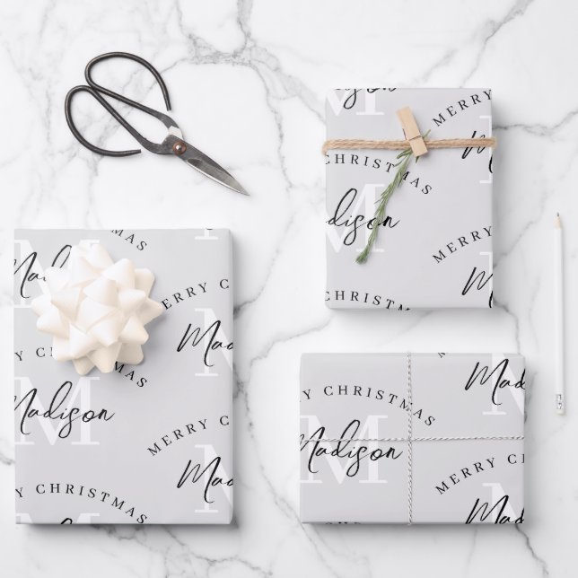 Personalized Merry Christmas Gray Monogram Wrapping Paper Sheets (Front)