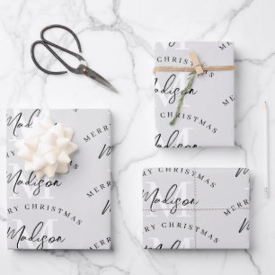 Personalized Merry Christmas Gray Monogram Wrapping Paper Sheets