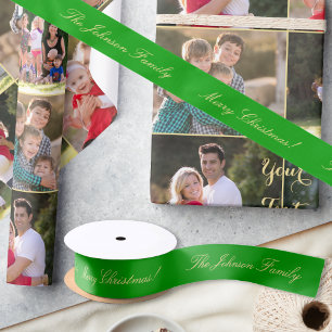 Personalized Merry Christmas Green Gold Gift Wrap Satin Ribbon