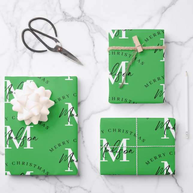 Personalized Merry Christmas Green Monogram Wrapping Paper Sheets (Front)