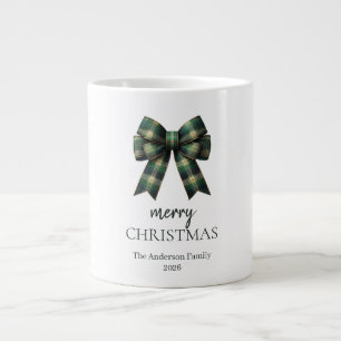 Personalized Merry Christmas   Green Plaid Bow Giant Coffee Mug