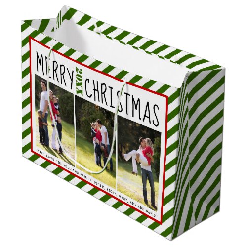 Personalized Merry Christmas green stripes photo Large Gift Bag