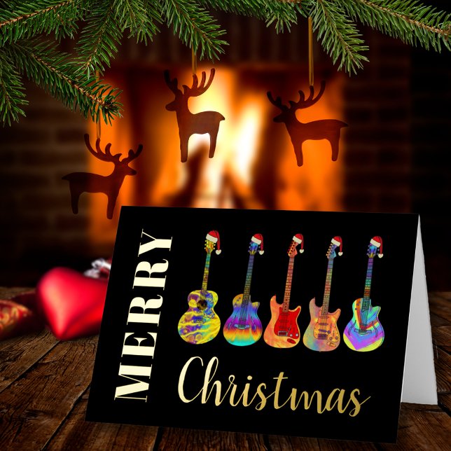 Personalized Merry Christmas Guitars Black Gold Foil Holiday Card (Merry Christmas guitars wearing Santa hats black & gold foil music themed personalized holiday card)