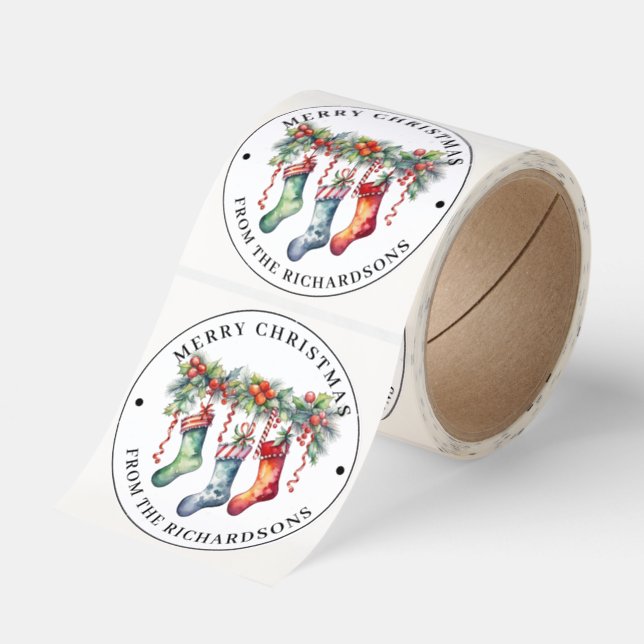 Personalized,  Merry Christmas Holiday Stockings Classic Round Sticker (Roll)
