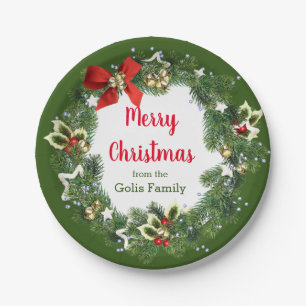 Personalized Merry Christmas Holiday Wreath Party Paper Plates
