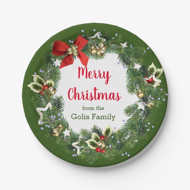 Personalized Merry Christmas Holiday Wreath Party Paper Plates (Front)