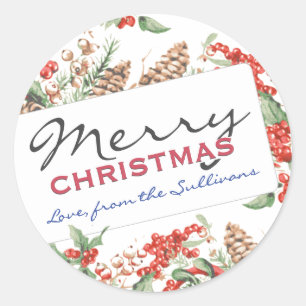 Personalized Merry Christmas Holly and Pinecones Classic Round Sticker