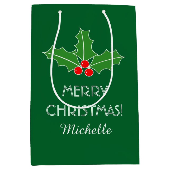 Personalized Merry Christmas holly leaves gift bag (Front)