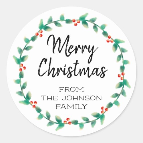 Personalized Merry Christmas Holly Wreath Classic Round Sticker