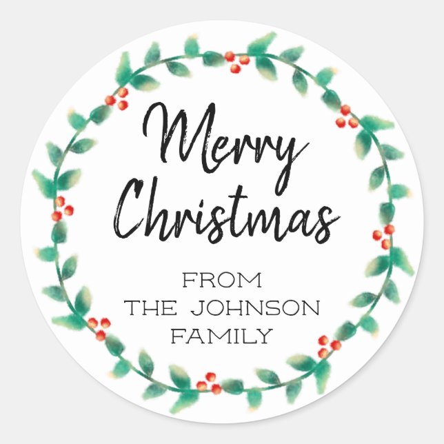 Personalized Merry Christmas Holly Wreath Classic Round Sticker (Front)