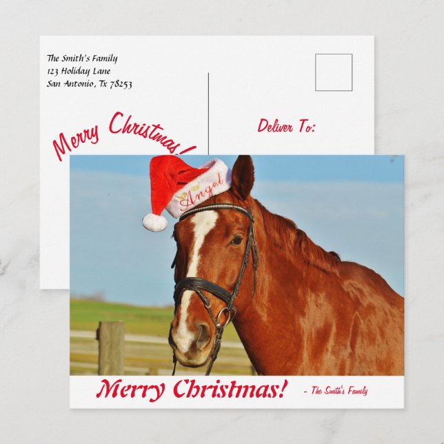 Personalized Merry Christmas Horse in a Santa Hat  Postcard (Front/Back)