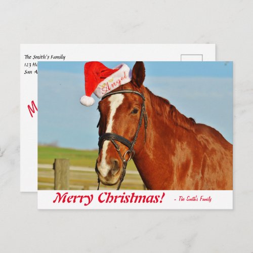 Personalized Merry Christmas Horse in a Santa Hat  Postcard