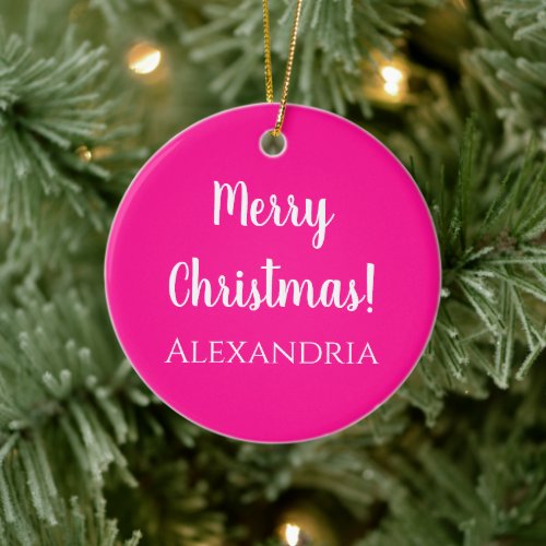 Personalized Merry Christmas Hot Pink Ceramic Ornament