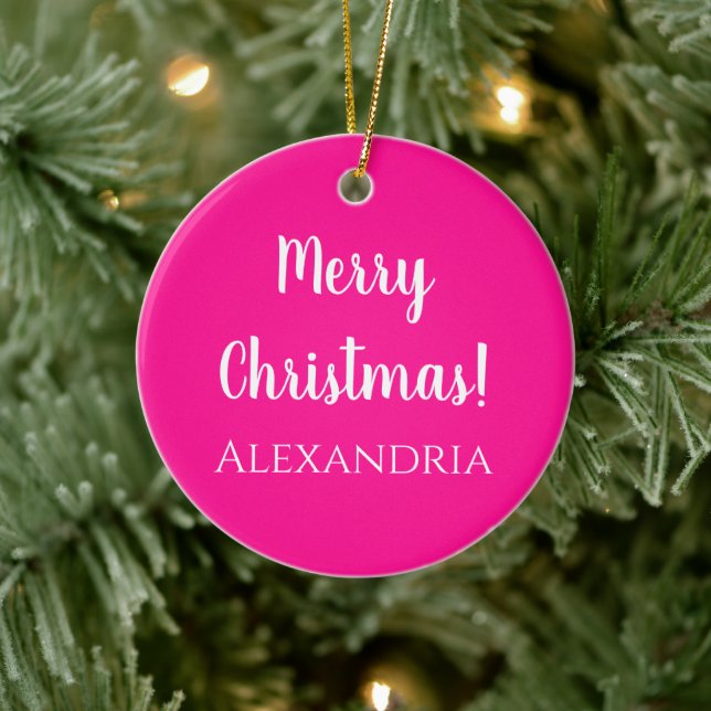 Personalized Merry Christmas Hot Pink Ceramic Ornament (Tree)