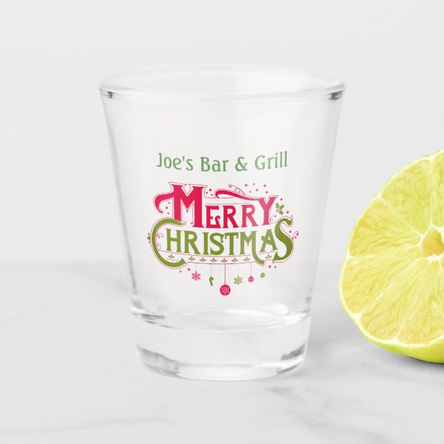 Personalized Merry Christmas Joe's Bar And Grill Shot Glass (Front)