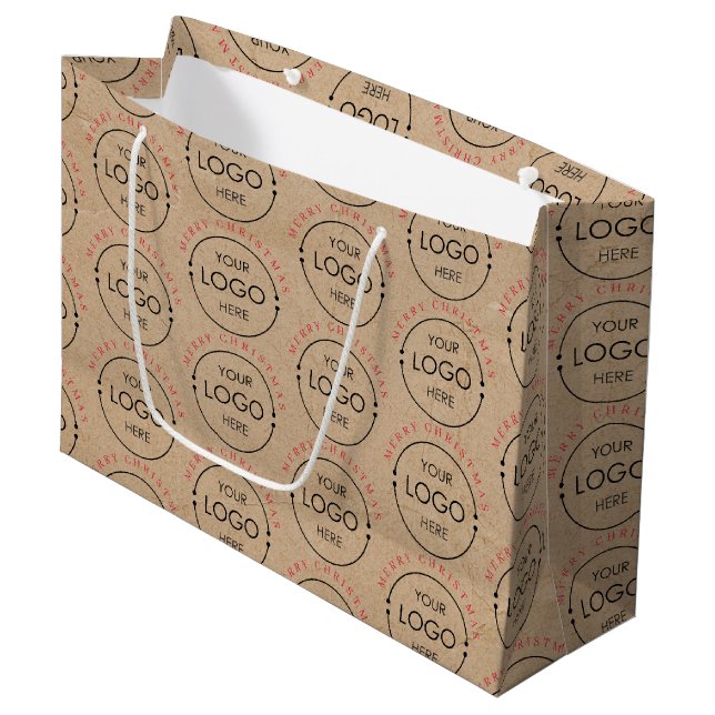 Personalized Merry Christmas Kraft Business Logo Large Gift Bag (Front Angled)