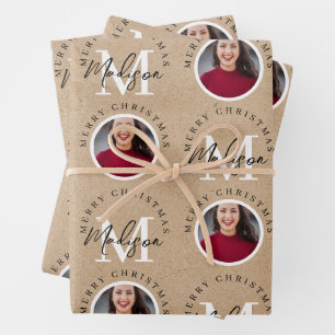 Personalized Merry Christmas Kraft Monogram Photo Wrapping Paper Sheets
