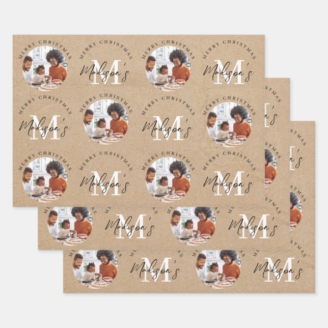 Personalized Merry Christmas Kraft Monogram Photo Wrapping Paper Sheets (Set)