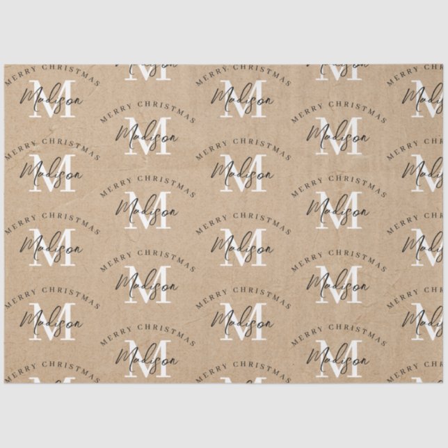 Personalized Merry Christmas Kraft Monogram Tissue Paper (Front)