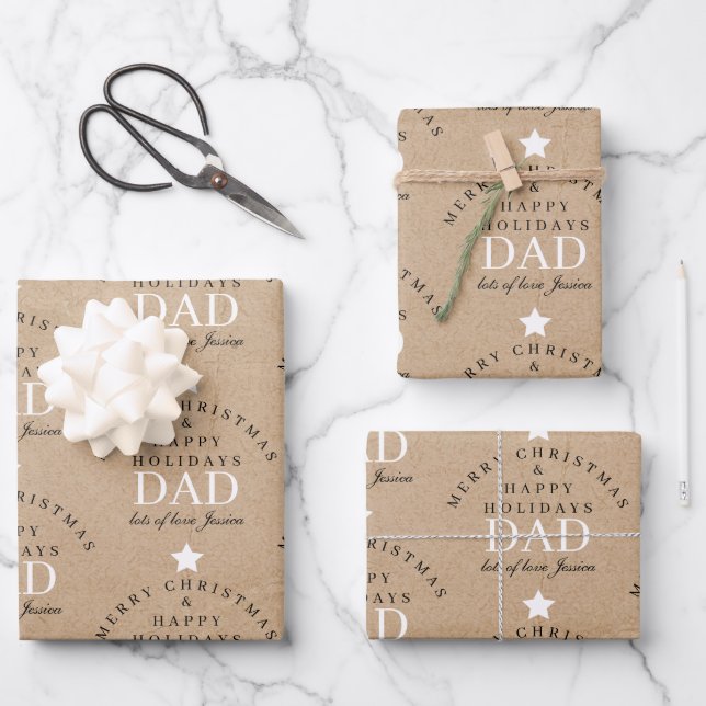 Personalized Merry Christmas Kraft Monogram To Dad Wrapping Paper Sheets (Front)