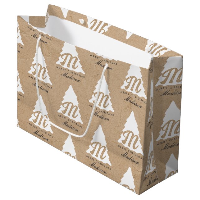 Personalized Merry Christmas Kraft Monogram Tree Large Gift Bag (Front Angled)