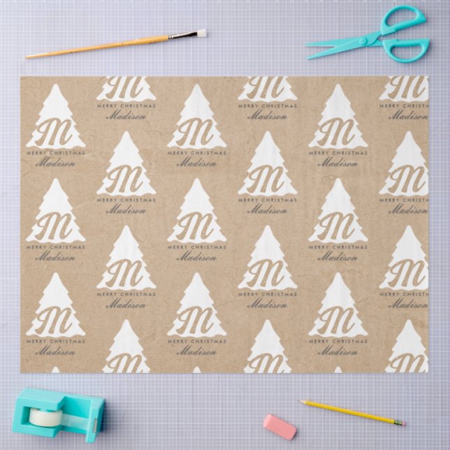 Personalized Merry Christmas Kraft Monogram Tree Tissue Paper (Craft)