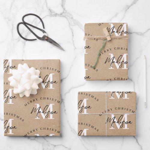 Personalized Merry Christmas Kraft Monogram   Wrapping Paper Sheets